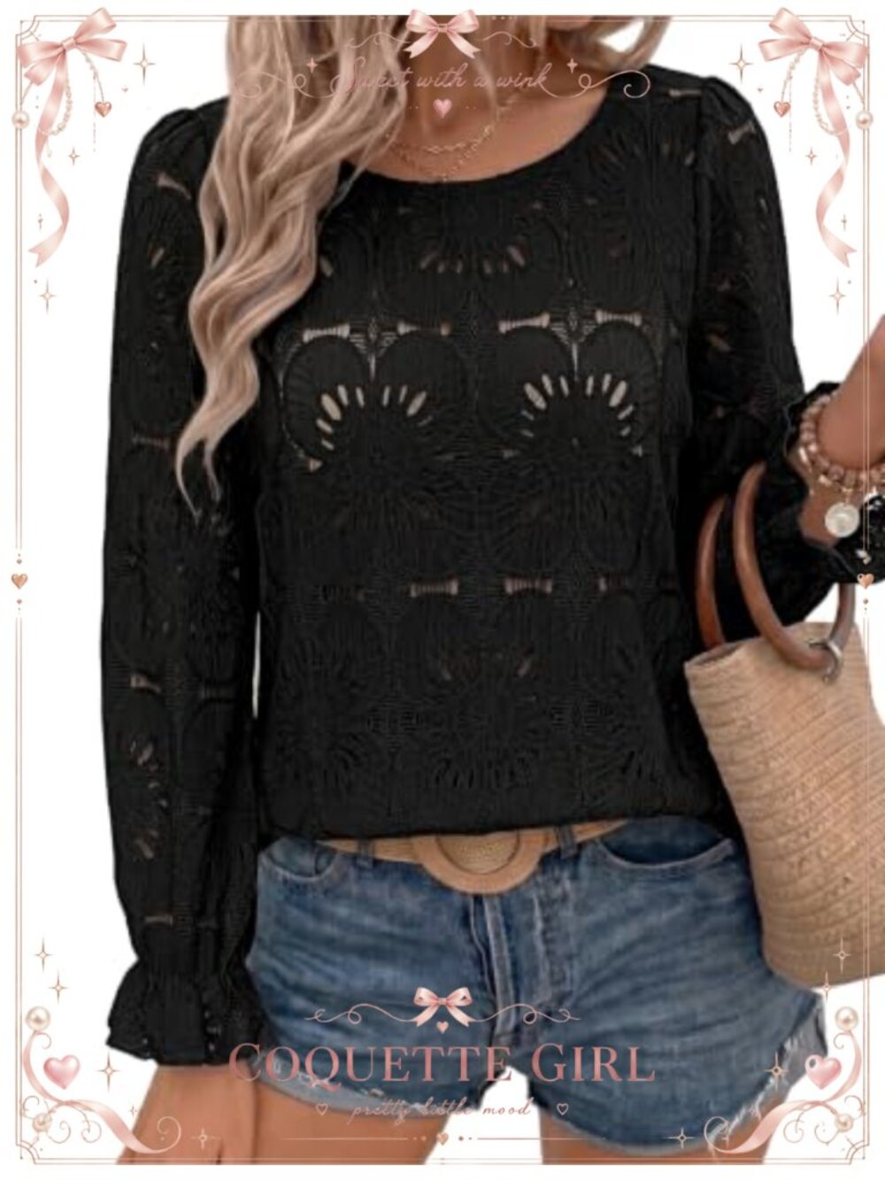 Eyelet Lace Long Sleeve Blouse – Women's Dressy Casual Round Neck Top